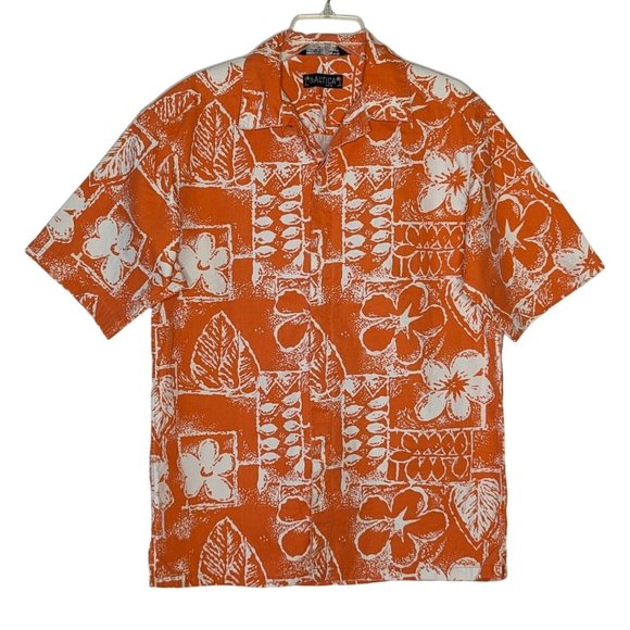 Nautica Tropical Tapa Hawaiian short sleeve orange white button front shirt‎ S - Picture 1 of 3